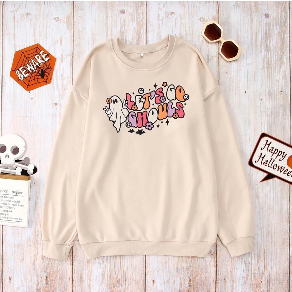 Lets Go Ghouls Sweatshirt Halloween Ghost Spooky Season Crewneck Cream XXL - Picture 3 of 5